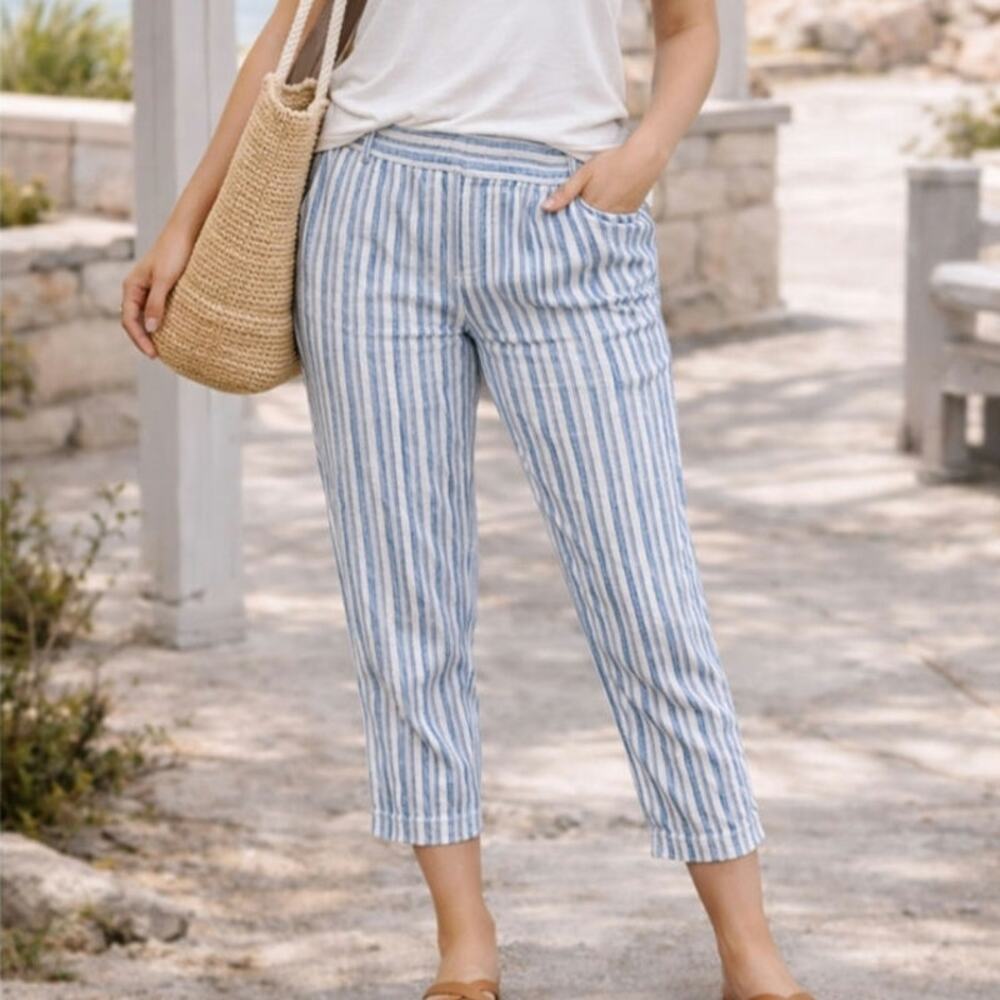 LOFT Blue and White Striped Cropped Pants